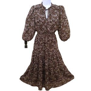 Vintage 90s Flower&Feather Prairie Dress -L Floral Tiered Ruffles Keyhole Brown